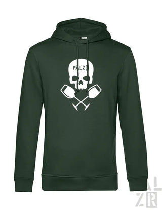 Männer hoodie weinpirat in dunkelgrün mit weißem schädel und gekreuzten weingläsern grafik palz schriftzug