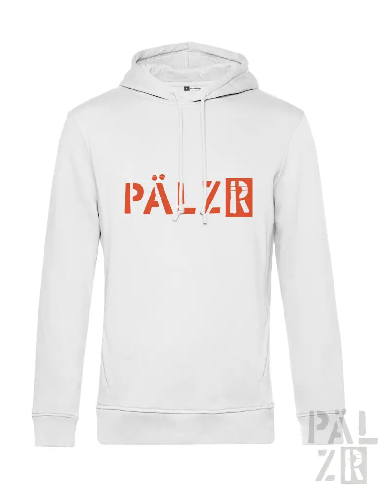 Weißes Hoodie mit orange ’pälzr’ Logo-Design.