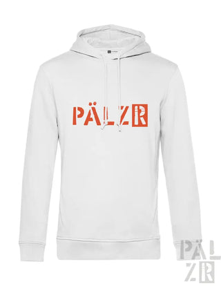 Weißes Hoodie mit orange ’pälzr’ Logo-Design.