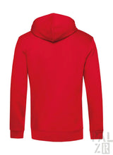 Roter Hoodie mit Kapuze und langen Ärmeln, aus Fleece-Material gefertigt.