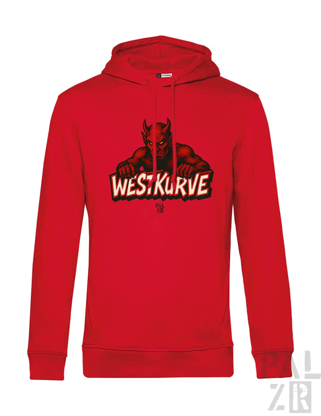 Rotes Hoodie mit Teufel-Design und ’west kurve’-Text, wahrscheinlich aus Baumwolle oder Polyester-Mischung.