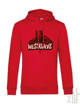 Rotes Hoodie mit Teufel-Design und ’west kurve’-Text, wahrscheinlich aus Baumwolle oder Polyester-Mischung.