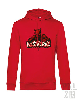 Rotes Hoodie mit Teufel-Design und ’west kurve’-Text, wahrscheinlich aus Baumwolle oder Polyester-Mischung.