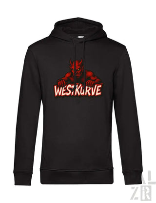 Schwarze Kapuzenjacke mit rotem Teufel-Design und ’westkurve’-Text