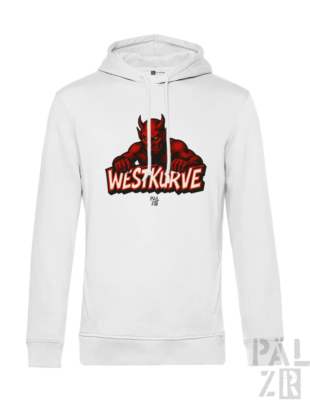 Weiße Hoodie mit rotem Teufel-Design und ’westkurve’-Text.