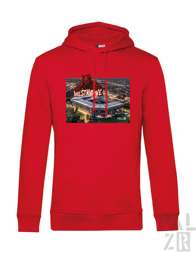 Rote Kapuzenjacke mit ‘westlake’-Grafik und Teufel-Logo-Design, wahrscheinlich aus Baumwolle oder Polyester-Mischung gefertigt.