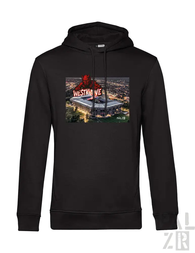 Schwarzer Hoodie mit Grafikdesign eines Stadions und einer Skyline, mit dem Text ’westside’ in Rot.