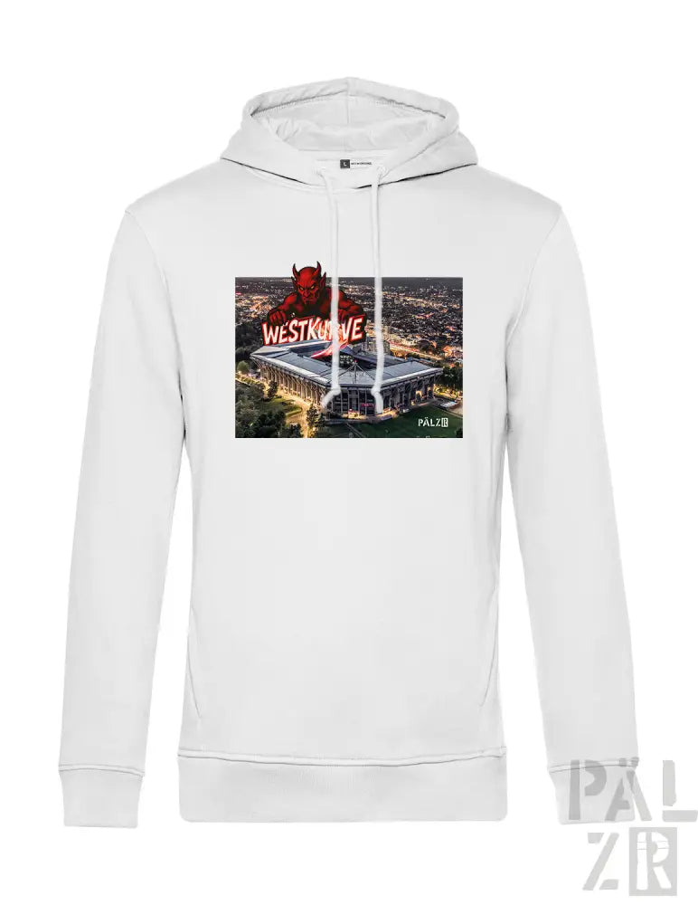 Weiße Hoodie mit rotem Teufel-Design und ’westside’-Text auf der Vorderseite.