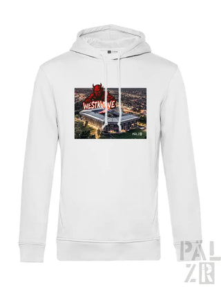 Weiße Hoodie mit rotem Teufel-Design und ’westside’-Text auf der Vorderseite.