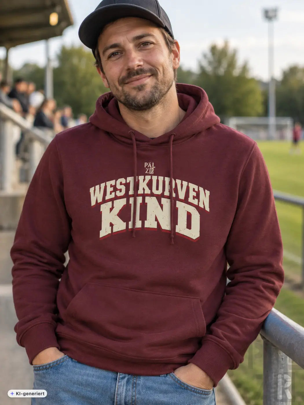 Maroon hooded sweatshirt für männer mit cremefarbenem westkurvenkind schriftzug und kleinem logo oben