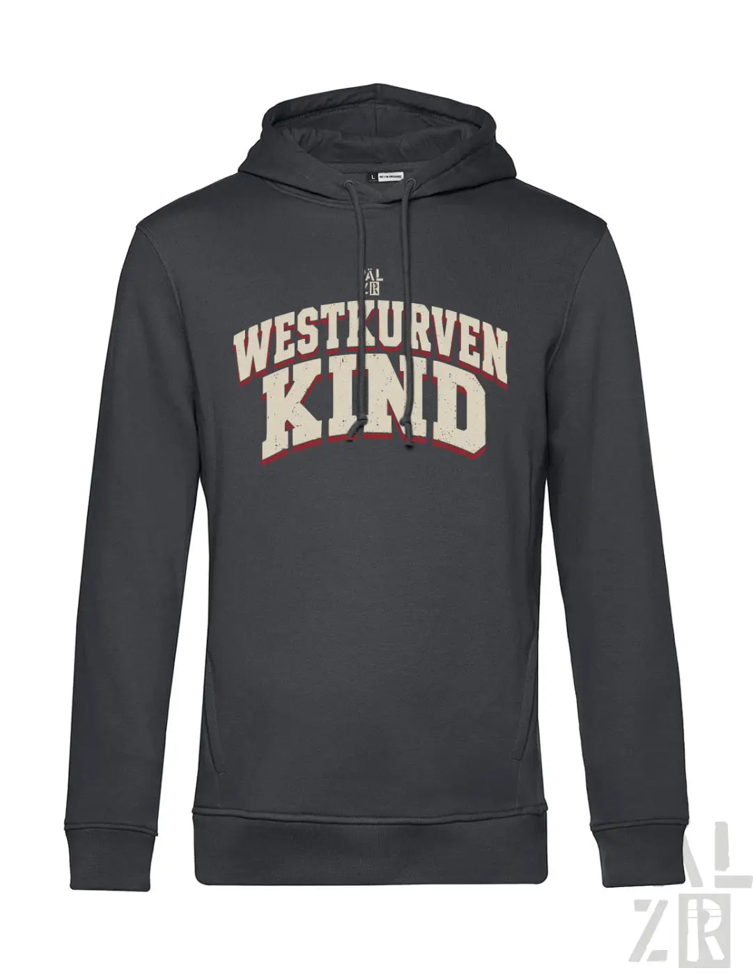 Männer hoodie in dunkelgrau mit westkurvenkind print in creme und rot für casual tragen