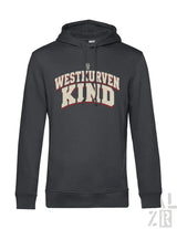 Männer hoodie in dunkelgrau mit westkurvenkind print in creme und rot für casual tragen
