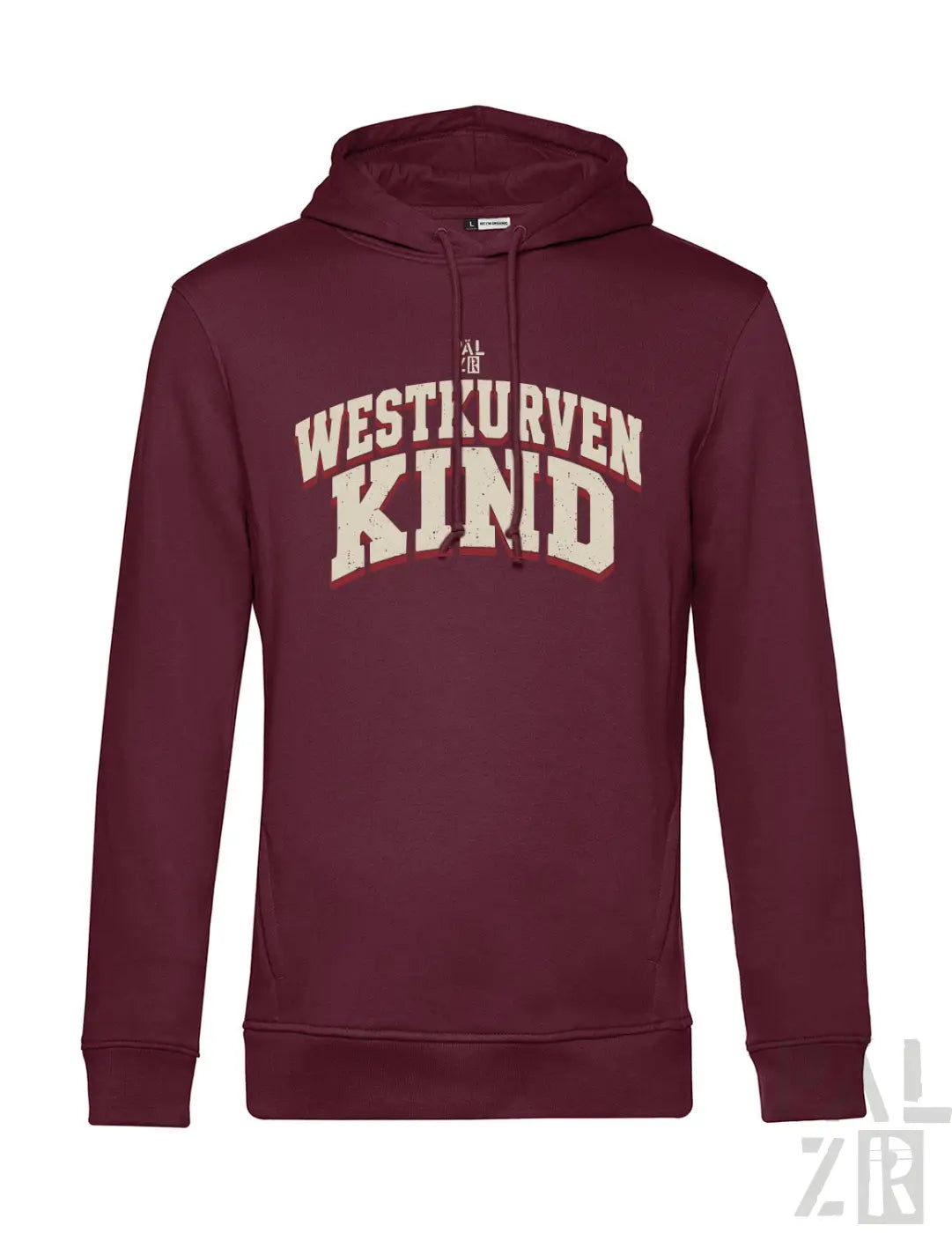 Maroon hooded sweatshirt männer hoodie westkurvenkind mit cremefarbenem distressed print auf der brust