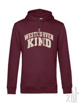 Maroon hooded sweatshirt männer hoodie westkurvenkind mit cremefarbenem distressed print auf der brust