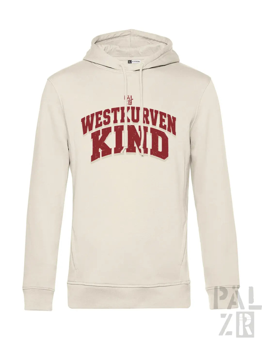 Creamfarbener männer hoodie mit bold roter westkurvenkind schrift auf der brust in verschiedenen farben