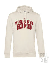 Creamfarbener männer hoodie mit bold roter westkurvenkind schrift auf der brust in verschiedenen farben