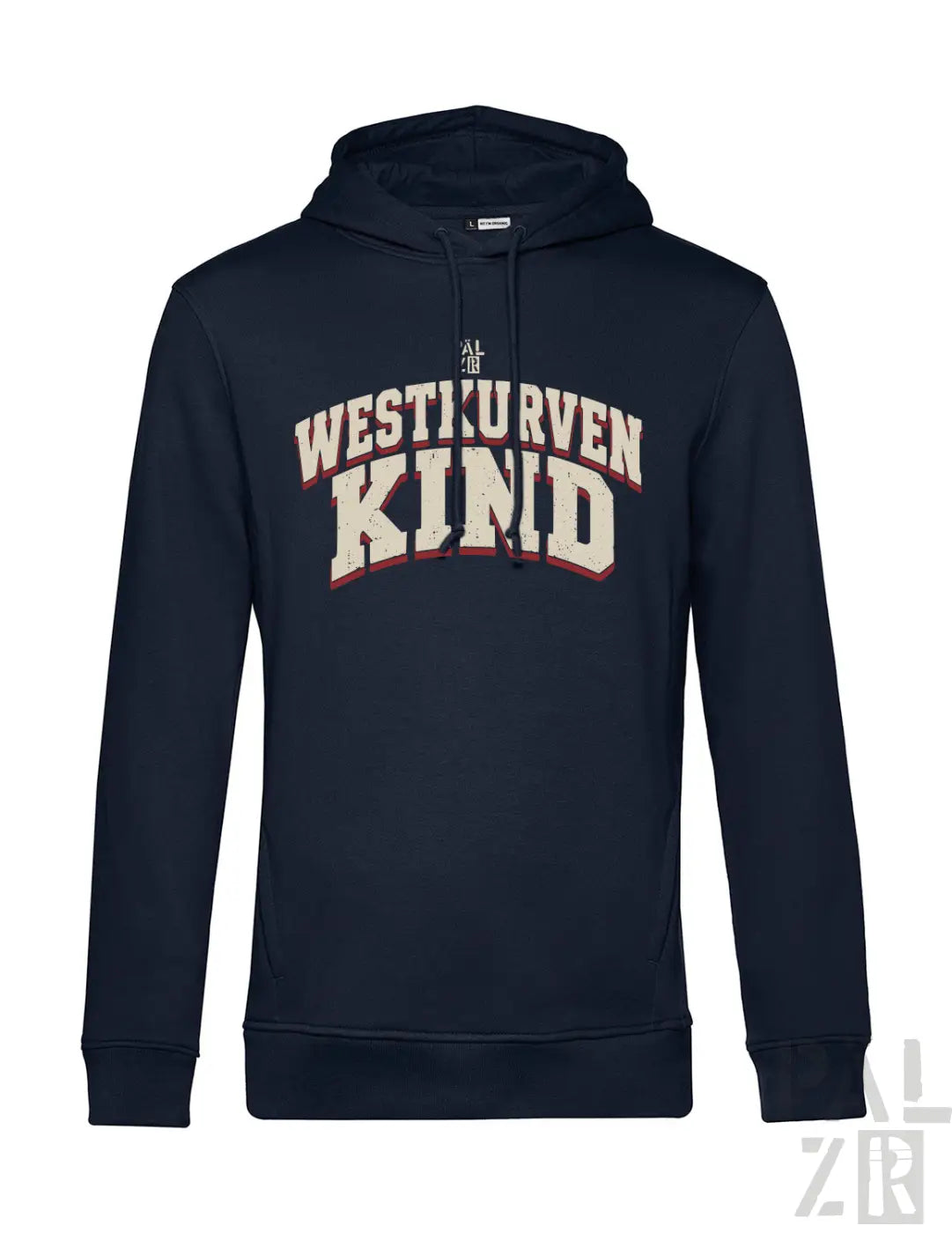 Navyblauer männer hoodie westkurvenkind mit creme und roten buchstaben aus hochwertigem material in verschiedenen farben