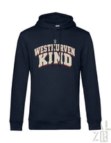 Navyblauer männer hoodie westkurvenkind mit creme und roten buchstaben aus hochwertigem material in verschiedenen farben