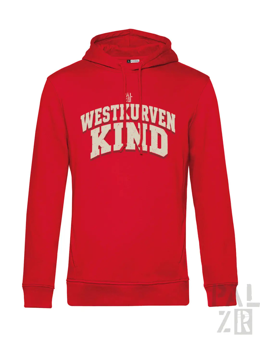 Roter herren hoodie mit cremefarbenem aufdruck westkurvenkind in verschiedenen farben erhältlich