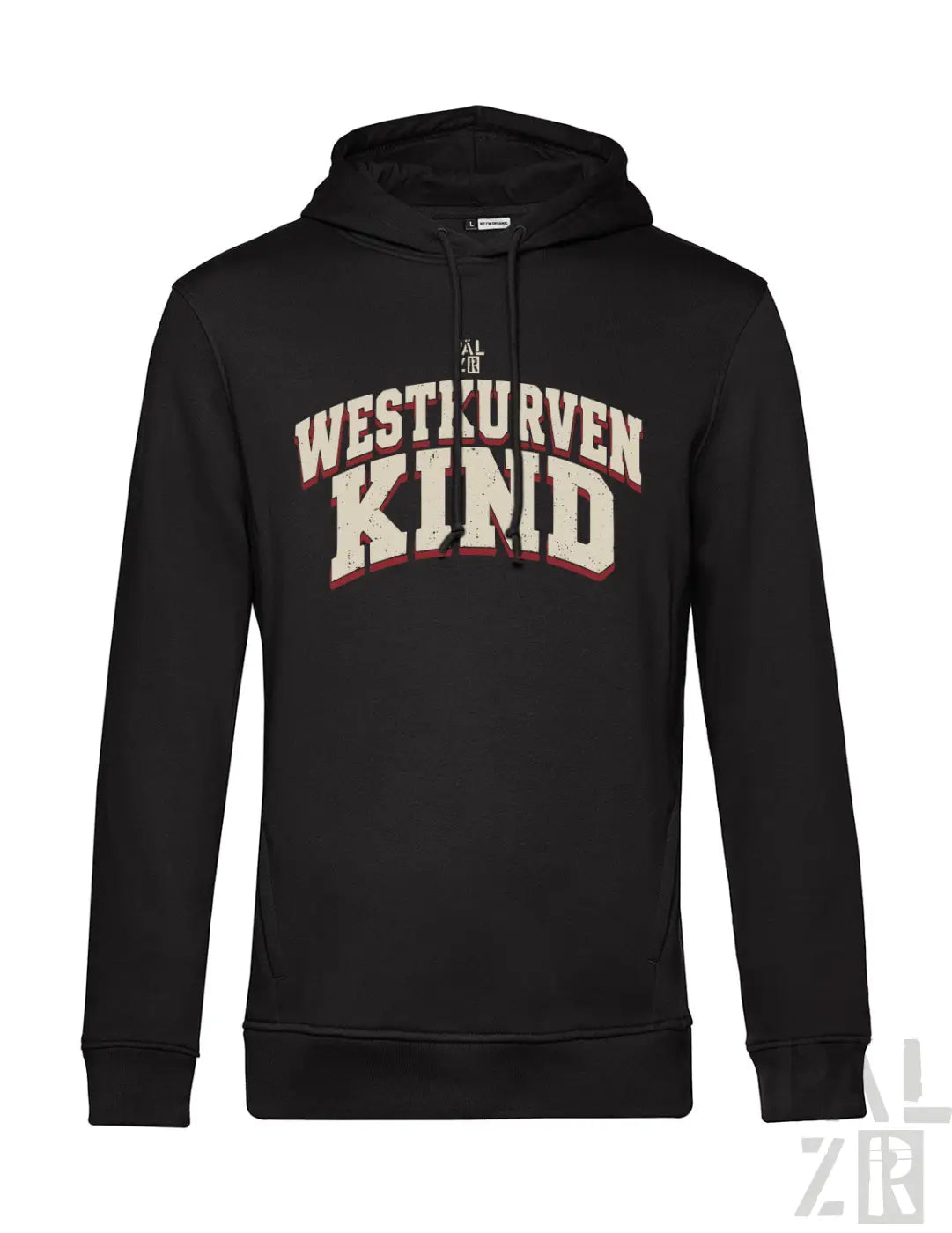 Schwarzer männer hoodie mit distressed weiß rotem westkurvenkind print in verschiedenen farben