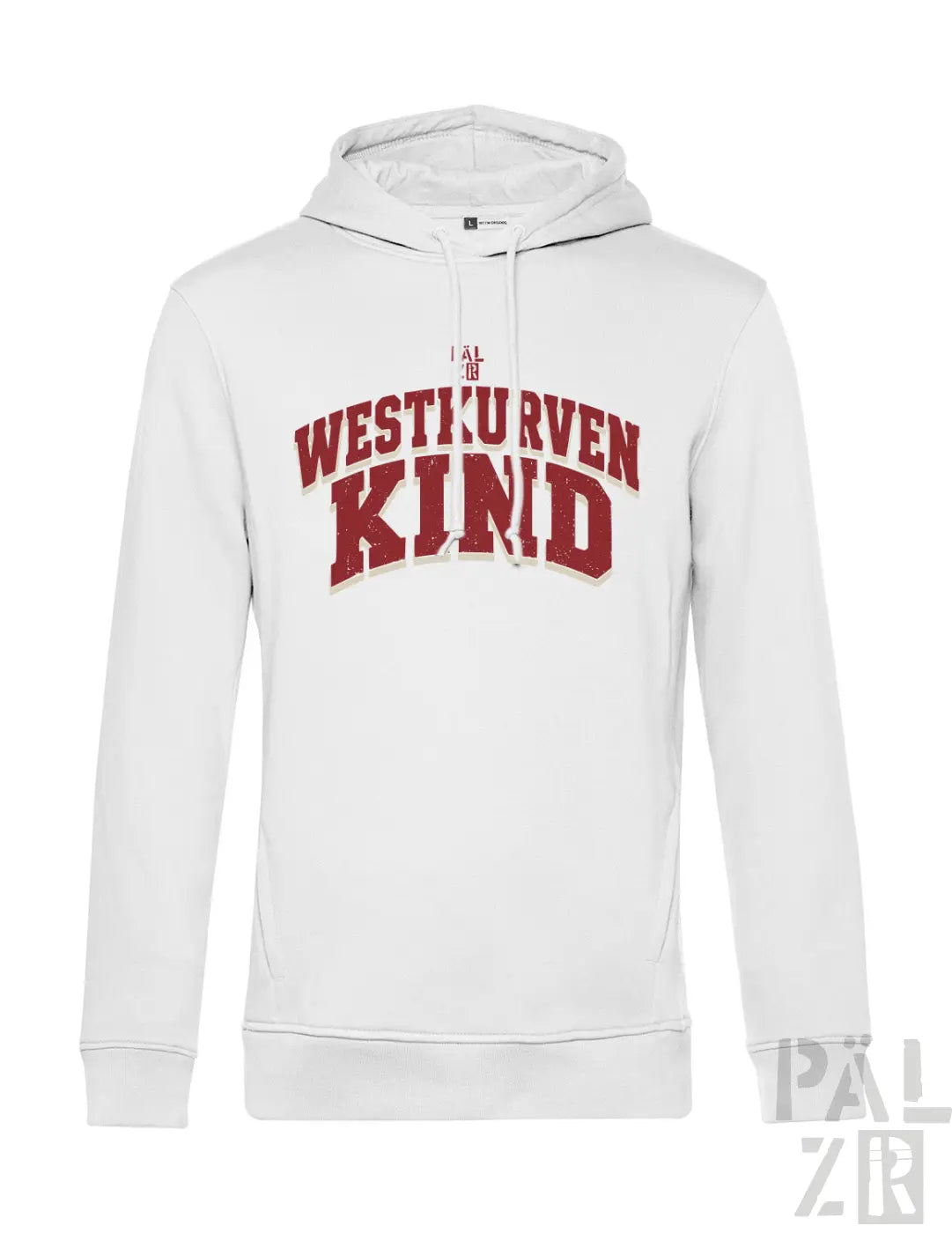 Weißes herren hoodie mit rotem westkurvenkind schriftzug aus baumwolle in verschiedenen farben
