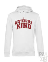 Weißes herren hoodie mit rotem westkurvenkind schriftzug aus baumwolle in verschiedenen farben
