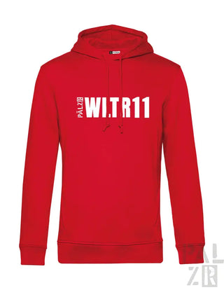 Rote Kapuze mit weißem Text und Logo, aus Baumwolle gefertigt.