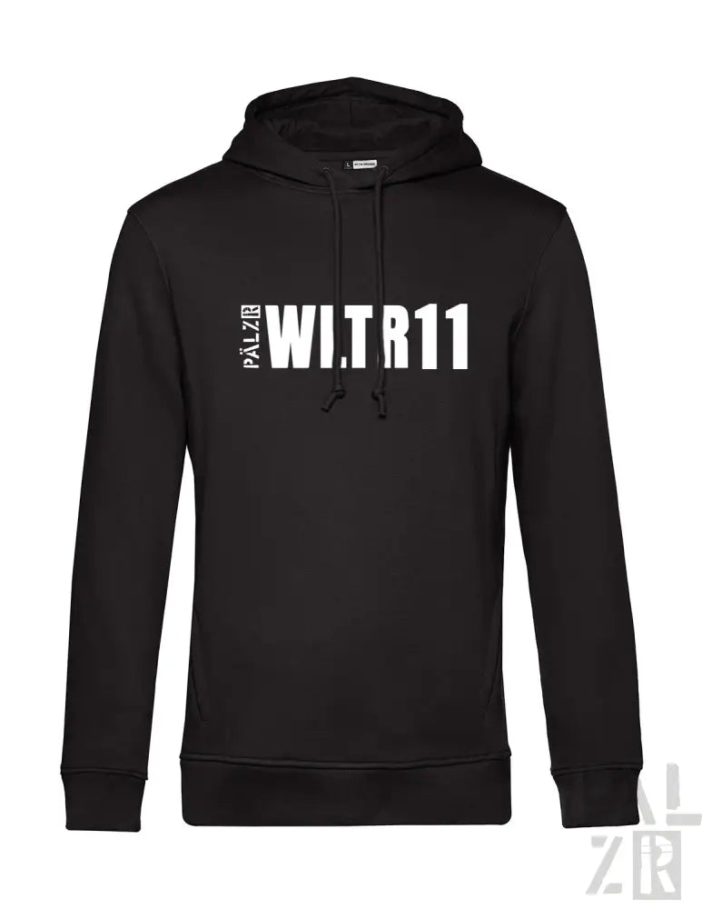 Schwarzer Hoodie mit weißem Text „palzir witr11“ und Logo am Ärmel.
