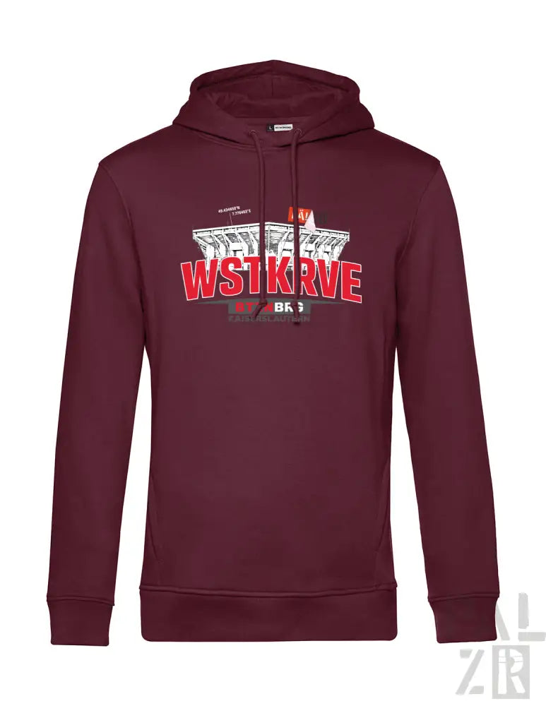 Männer hoodie wstkrve in dunkelrot mit auffälligem rot-weißem grafikdruck auf der brust in verschiedenen farben
