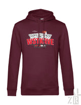 Männer hoodie wstkrve in dunkelrot mit auffälligem rot-weißem grafikdruck auf der brust in verschiedenen farben