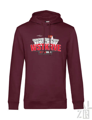 Männer hoodie wstkrve in dunkelrot mit auffälligem rot-weißem grafikdruck auf der brust in verschiedenen farben