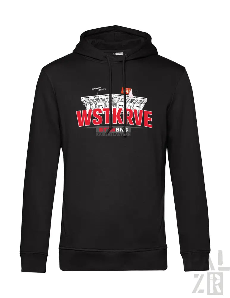 Schwarzer männer hoodie aus baumwolle mit mutigem rot-weißem wstkrve print auf der brust in verschiedenen farben