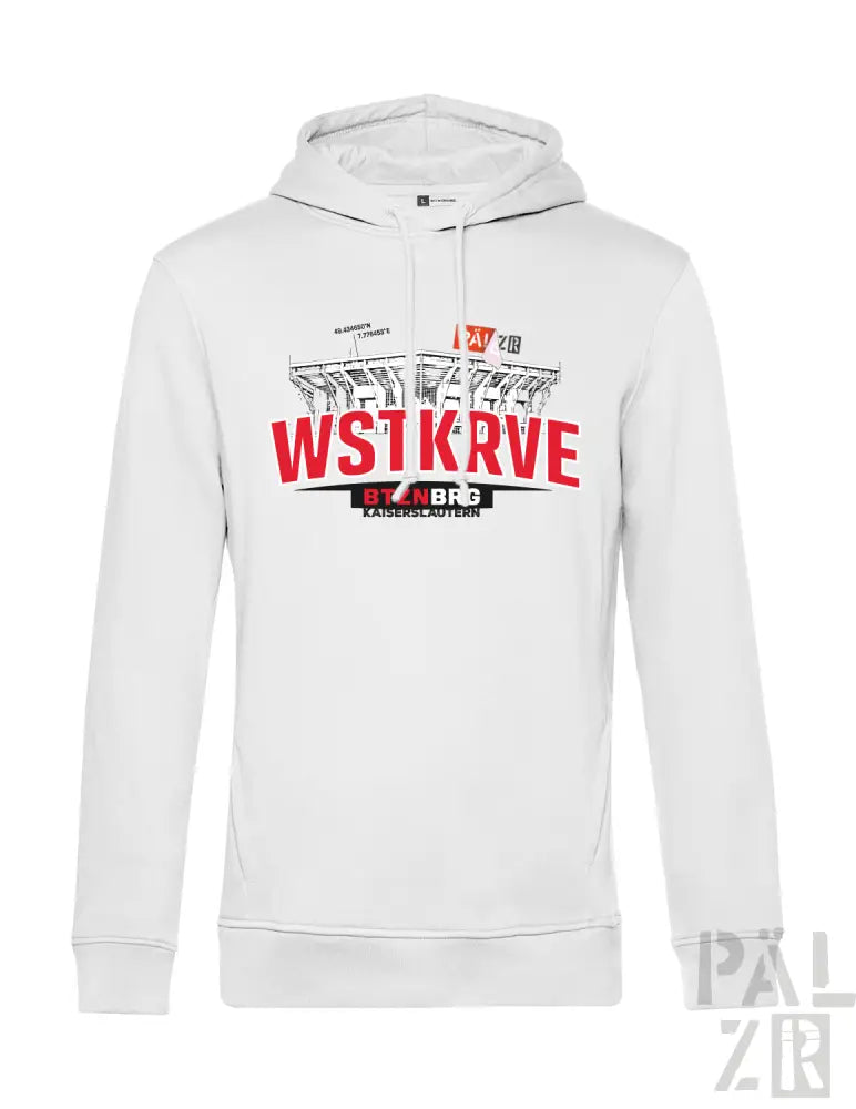 Weißes männer hoodie mit rotem und schwarzem stadiongrafikdruck und wstkrv schriftzug vorne