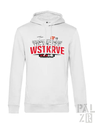 Weißes männer hoodie mit rotem und schwarzem stadiongrafikdruck und wstkrv schriftzug vorne