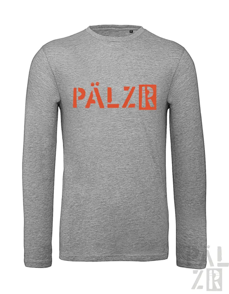 Graues langärmliges Pälzr T-Shirt mit orangefarbenem Textdesign.