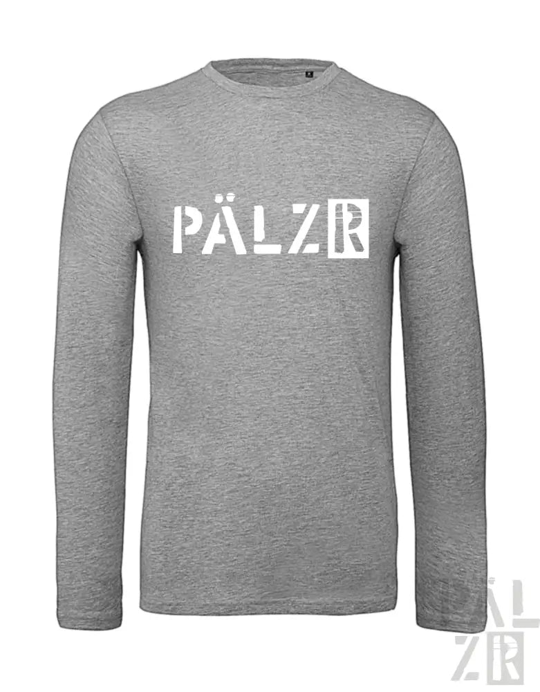 Graues Langarmhemd mit ’pälzr’-Logo in Weiß.