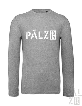 Graues Langarmhemd mit ’pälzr’-Logo in Weiß.