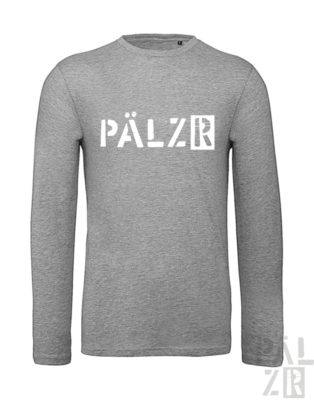 Graues Langarmhemd mit ’pälzr’-Logo in Weiß.