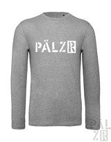 Graues Langarmhemd mit ’pälzr’-Logo in Weiß.