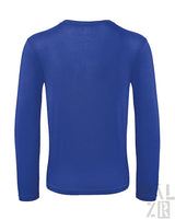 Königsblaues langärmliges Thermoshirt mit gerippten Bündchen und Saum, wahrscheinlich aus Polyester- oder Baumwollmischung gefertigt.