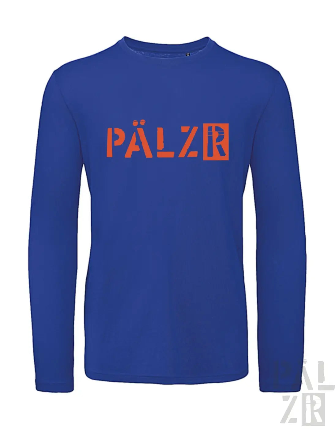 Königsblaues Langarmhemd mit ’pälz’-Logo in orange-schwarzem Design.