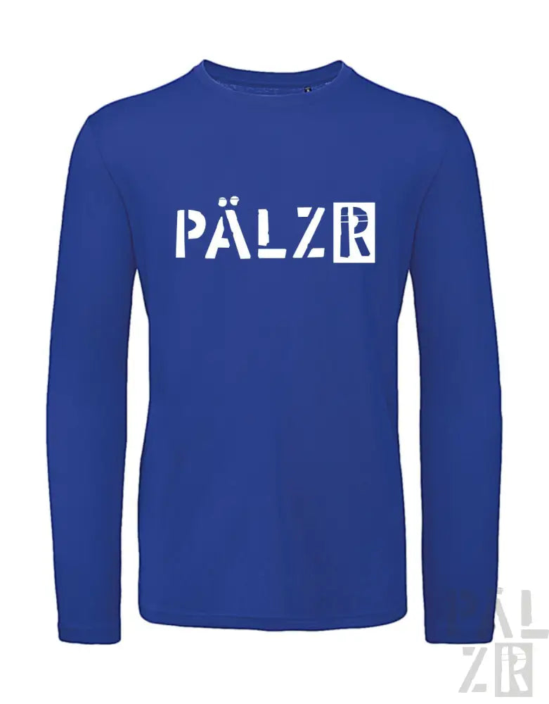 Königsblaues Langarm-T-Shirt mit ’pälzr’-Logo in weißem Design.