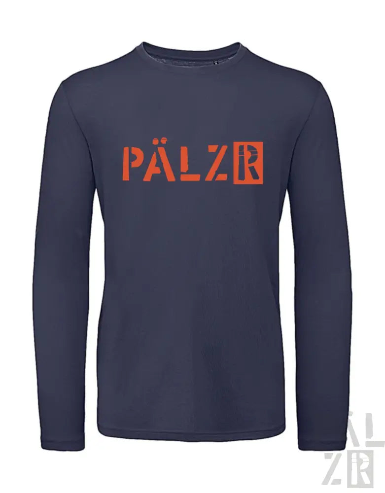 Marineblaues Langarm-T-Shirt mit ’pälzr’-Logo in orange-grauem Design.