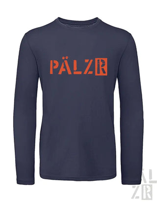 Marineblaues Langarm-T-Shirt mit ’pälzr’-Logo in orange-grauem Design.