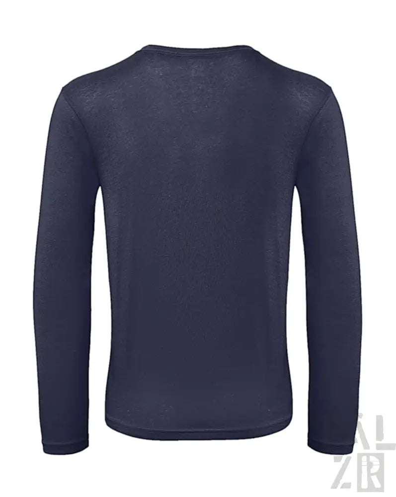 Marineblaues Langarm-Thermoshirt mit gerippten Bündchen und Saum, hergestellt aus Polyester/Spandex-Mischung.