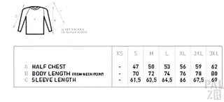 Langes T-Shirt-Diagramm mit Maßen und Größen in schwarzer Schrift auf weißem Hintergrund, mit einem einfachen Grafik eines geöffneten Hemds.