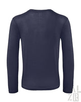 Marineblaues Langarm-Thermoshirt mit gerippten Bündchen und Saum, hergestellt aus Polyester/Spandex-Mischung.