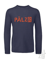 Marineblaues Langarm-T-Shirt mit ’pälzr’-Logo in orange-grauem Design.