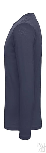 Marineblaues Langarm-T-Shirt mit Raglan-Ärmeln und geripptem Ausschnitt.