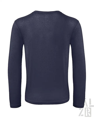 Marineblaues langärmliges Thermoshirt mit gerippten Bündchen und Saum, hergestellt aus Polyester/Spandex-Mischung.